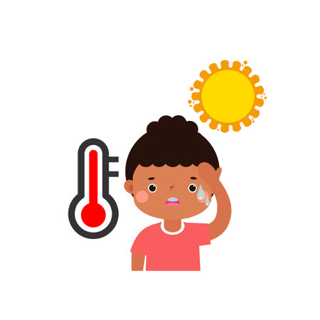 kid with summer Heatstroke, cute cartoon character flat style vector illustration on white backgroundのイラスト素材
