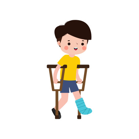 kid injured with broken leg in gypsum. little children standing on crutches, cartoon teen disabled character broken leg in plaster. isolated on white background Vector illustrationのイラスト素材