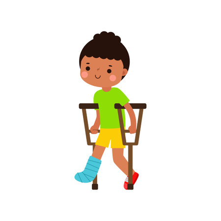 kid injured with broken leg in gypsum. little children standing on crutches, cartoon teen disabled character broken leg in plaster. isolated on white background Vector illustrationのイラスト素材