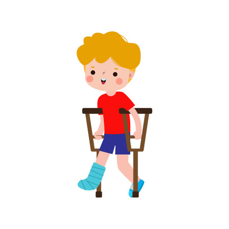 kid injured with broken leg in gypsum. little children standing on crutches, cartoon teen disabled character broken leg in plaster. isolated on white background Vector illustrationのイラスト素材