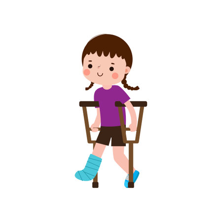 kid injured with broken leg in gypsum. little children standing on crutches, cartoon teen disabled character broken leg in plaster. isolated on white background Vector illustrationのイラスト素材
