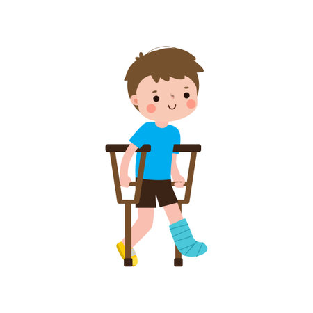 kid injured with broken leg in gypsum. little children standing on crutches, cartoon teen disabled character broken leg in plaster. isolated on white background Vector illustrationのイラスト素材