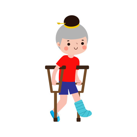 thai kid injured with broken leg in gypsum. little children standing on crutches, cartoon disabled character broken leg in plaster. isolated on white background Vector illustrationのイラスト素材
