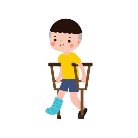 thai kid injured with broken leg in gypsum. little children standing on crutches, cartoon disabled character broken leg in plaster. isolated on white background Vector illustrationのイラスト素材