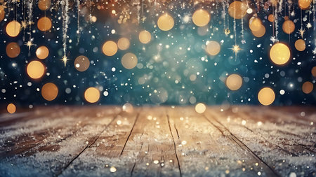 Wooden background with snowflakes and bokeh lights.の素材
