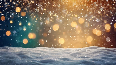 Winter background with snow, bokeh lights and falling snowflakesの素材