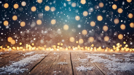 Christmas background with snowflakes and bokeh lights over wooden planksの素材