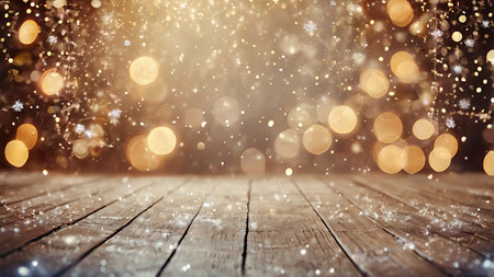 Wooden floor with bokeh lights and snowfall. Christmas backgroundの素材