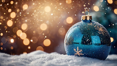 Blue Christmas ball on snow with bokeh lights background. 3D Renderingの素材