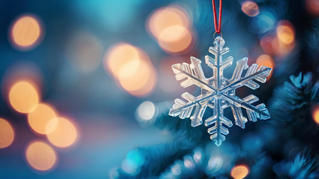 Snowflake hanging on christmas tree with bokeh lights backgroundの素材