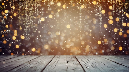 Christmas background with snowflakes, bokeh lights and wooden planksの素材