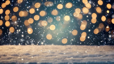 Christmas background with snow, bokeh lights and snowdriftの素材