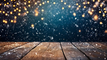 Wooden table with bokeh lights and falling snow. Christmas backgroundの素材