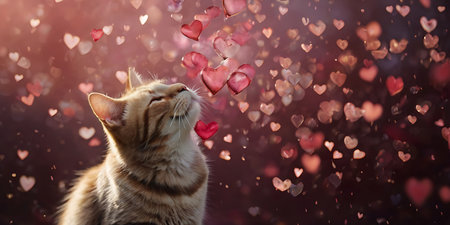 Cute cat with heart shaped petals on bokeh backgroundの写真素材