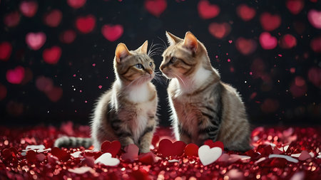 Two cute tabby kittens playing with hearts on a red background.の写真素材