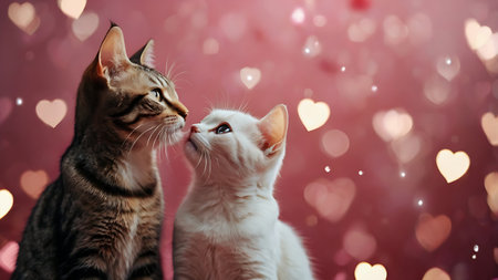 Cute cat and kitten on bokeh background, valentines dayの写真素材