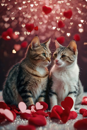 Two cats in love on a background of hearts. Valentine's Day.の写真素材