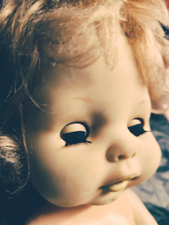 closeup of a doll face in vintage color tone and selective focusの写真素材