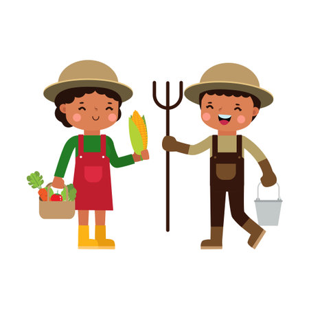 Cute farmer boy and girl with pitchfork and basket of vegetables. Vector illustrationのイラスト素材