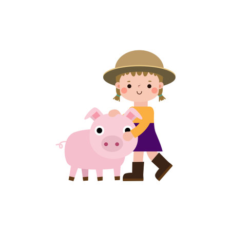 Little girl with piggy bank. Vector illustration in flat style.のイラスト素材