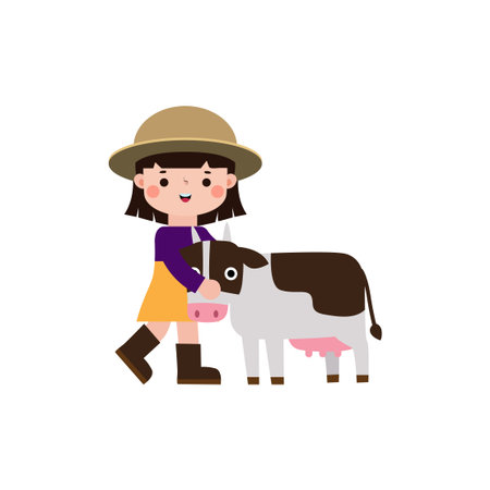 Cute little girl with cow. Vector illustration in flat style.のイラスト素材