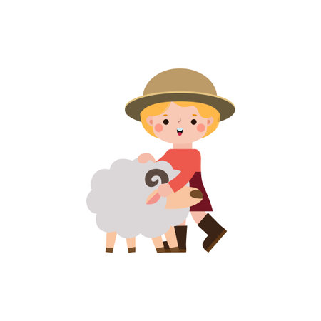 Cute little boy in straw hat walking with sheep. Vector illustration.のイラスト素材