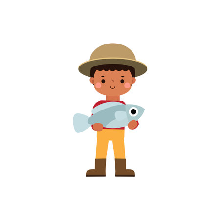 Fisherman holding a fish. Vector illustration in cartoon style.のイラスト素材