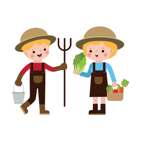 Farmer and farmer boy with a basket of vegetables. Vector illustrationのイラスト素材