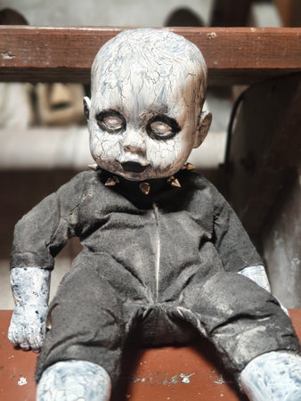 Creepy plastic doll sitting on a wooden chair. Halloween concept.の写真素材