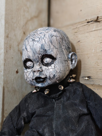 Scary halloween ghost doll in old wooden door background.の写真素材