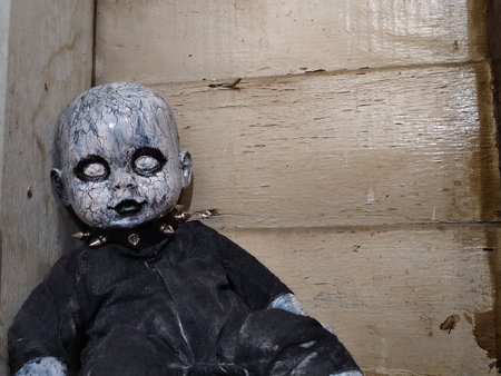 Creepy Halloween ghost on wooden wall background, Halloween decoration.の写真素材