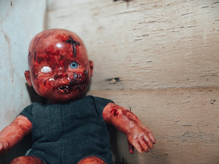Creepy bloody doll in abandoned house, halloween conceptの写真素材