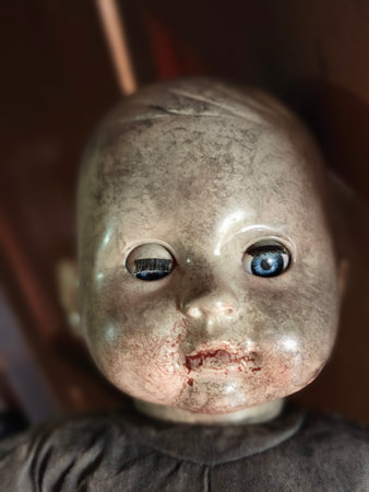 Old ceramic doll in the old house, closeup of photo.の写真素材