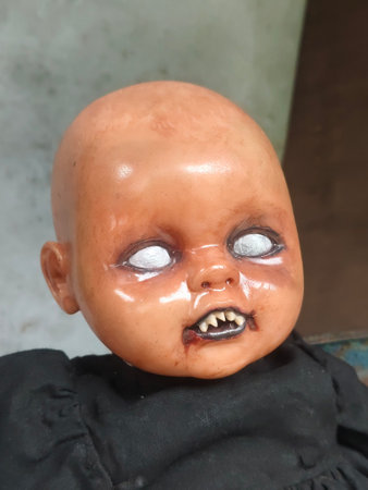 close up of a baby doll in a child's dressの写真素材