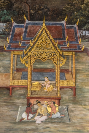 Art thai painting on wall in temple,bangkok,thailandの写真素材