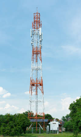 Telecommunication tower with blue sky and white cloud.Radio or satellite pole.Mobile 4g,5g network...