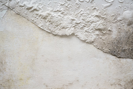 Problem of moisture damage acrylic white painting crack surface texture on exterior dirty stain concrete structure wall background by humidity.home repair old construction concept,renovation house.の写真素材