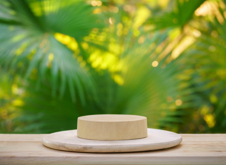 empty top table pine wood podium texture in tropical outdoor nature garden forest green plant golden sunlight jungle background with space.organic healthy natural product present promotion display.の写真素材
