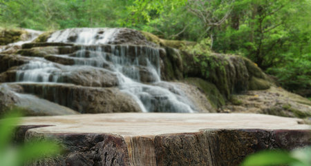 waterfall with empty toptable old wood podium outdoors in tropical forest greenery blurred background.organic healthy natural product present placement pedestal counter display,nature jungle concept.の写真素材