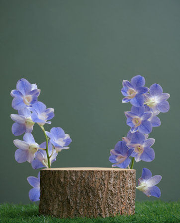 Wood podium table top and blue orchid on grass in dark green  isolated background.Natural beauty...