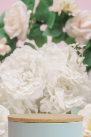 Minimal podium table top blurred beige white rose bouquet flower pink pastel background.Beauty cosmetic perfume present luxury product placement stand show display,sweet floral blossom spring concept.の写真素材