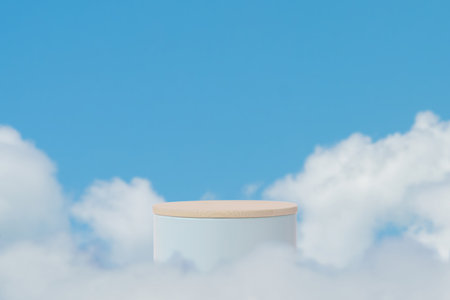 Surreal podium outdoor on blue sky soft white clouds with space.Beauty cosmetic product placement pedestal present stand minimal display,summer paradise dreamy concept.の写真素材