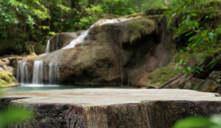 Wood table top podium floor in outdoor waterfall green tropical forest nature background.Natural water product present placement pedestal counter display, spring summer jungle paradise concept.の写真素材