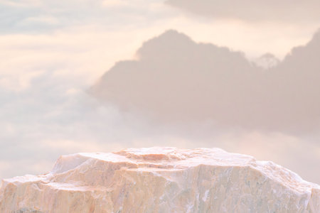 empty natural rough beige granite stone podium on white background with blank space.cosmetic beauty fashion product present placement pedestal promotion display,mock up minimal concept.の写真素材