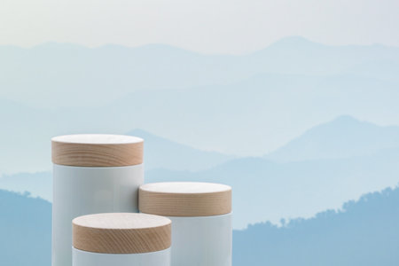 Surreal podium outdoors on sky blue pastel soft cloud with misty mountain nature landscape background.Beauty cosmetic product placement pedestal present minimal display,summer paradise dreamy concept.の写真素材