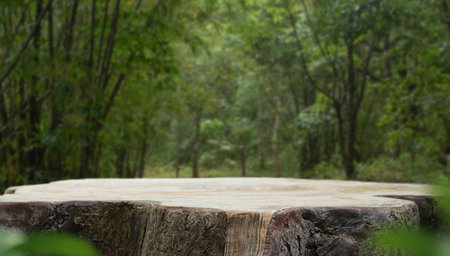 Wood tabletop podium floor in outdoors blur green leaf tropical forest nature landscape background.cosmetic natural product mock up placement pedestal stand display,jungle summer concept.の写真素材