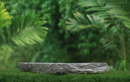Stone podium tabletop floor outdoors blurred green leaf tropical forest plant nature background.Beauty cosmetic natural product placement pedestal display,jungle summer concept.の写真素材