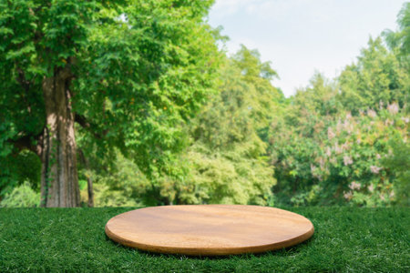 Wood tabletop podium floor in outdoors green leaf tropical forest nature landscape background.Organic healthy natural product present placement pedestal counter display,spring summer jungle concept.の写真素材