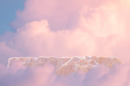 Stone podium tabletop floor in outdoor on sky pink gold pastel soft cloud blurred background.Beauty cosmetic product placement pedestal present promotion stand display,summer paradise dreamy concept.の写真素材