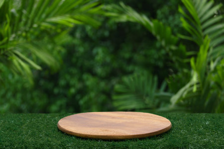 Round wood  tabletop counter podium floor in outdoors tropical garden forest blurred green palm leaf plant nature background.Natural product placement pedestal stand display,summer jungle paradise concept.の写真素材